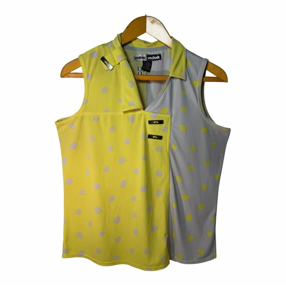 Jamie Sadock Polka Dot Maximalist Sleeveless Golf Top Yellow Grey M Athletic